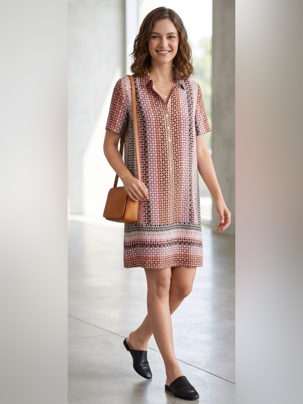 J. Crew 100% Silk Geometric Shift Shirt Dress Pink Orange Size 12